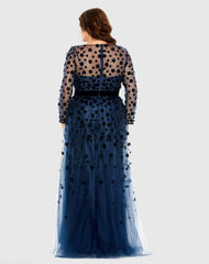 Navy Velvet Floral Applique Long Sleeve A Line Gown (Plus)