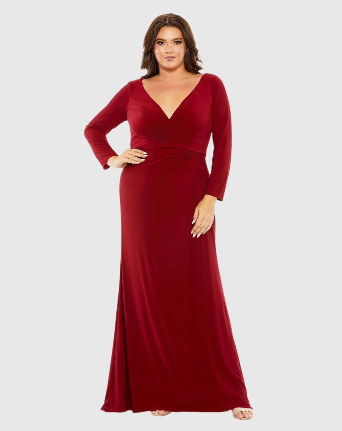 Red Long Sleeve V-Neck Faux Wrap Gown (Plus)