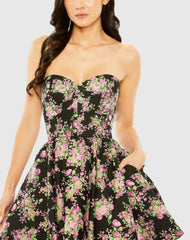 Black Strapless Brocade Mini Dress