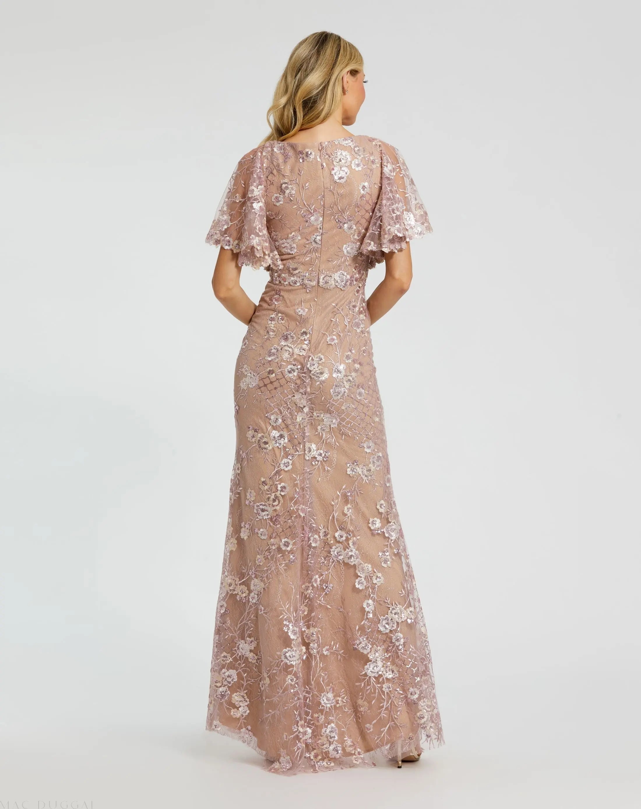 Pink Embellished Lace V Neck Butterfly Sleeve Gown