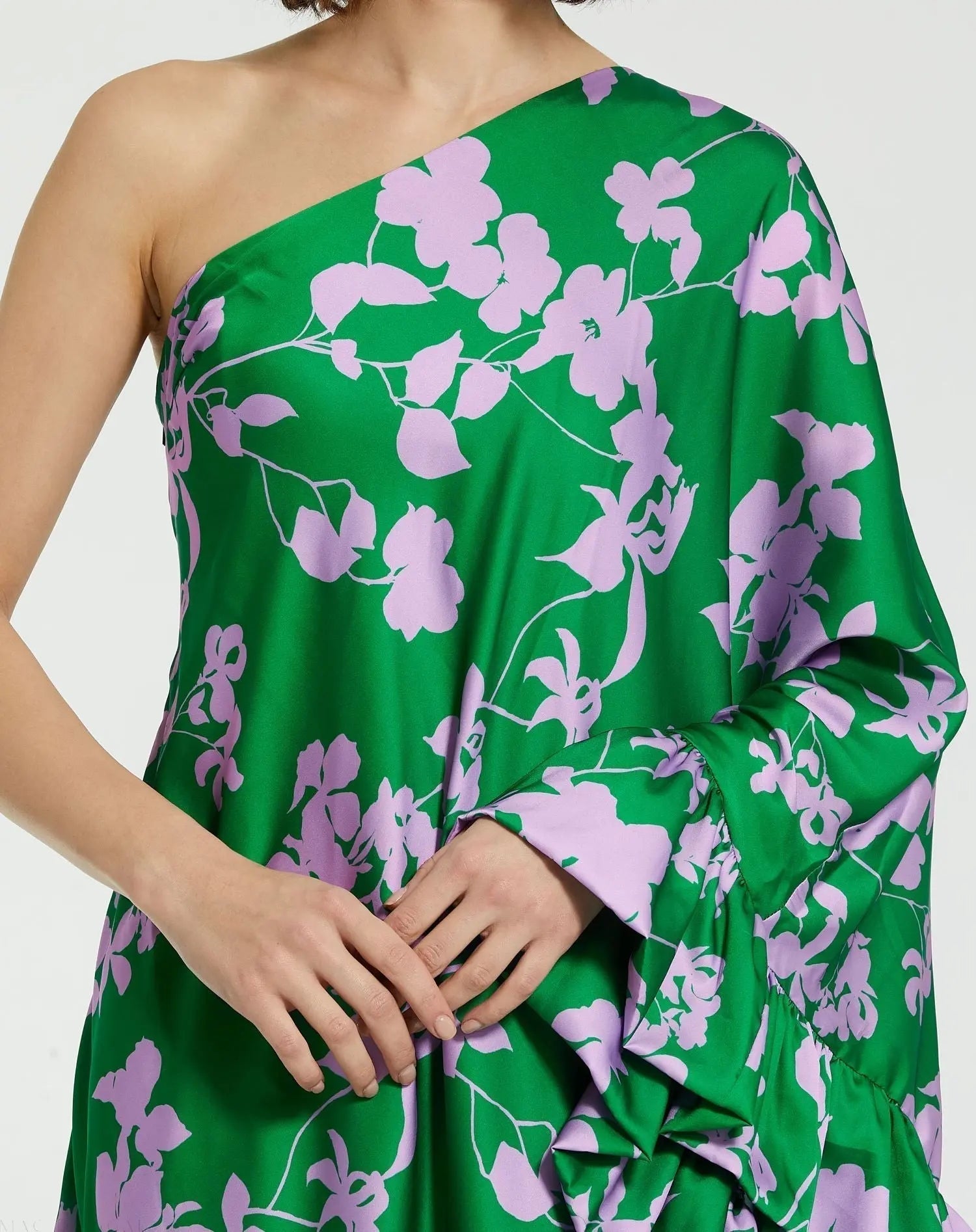 Green Printed Charmeuse One Shoulder Draped Gown