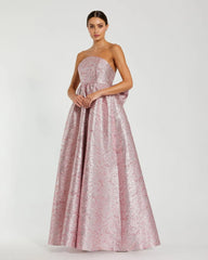 Pink Metallic Strapless Brocade Gown With Oversized Bow