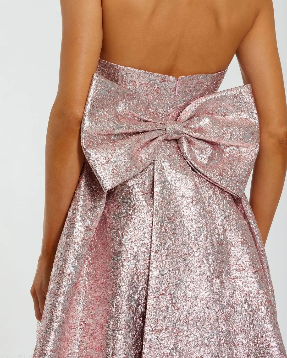 Pink Metallic Strapless Brocade Gown With Oversized Bow