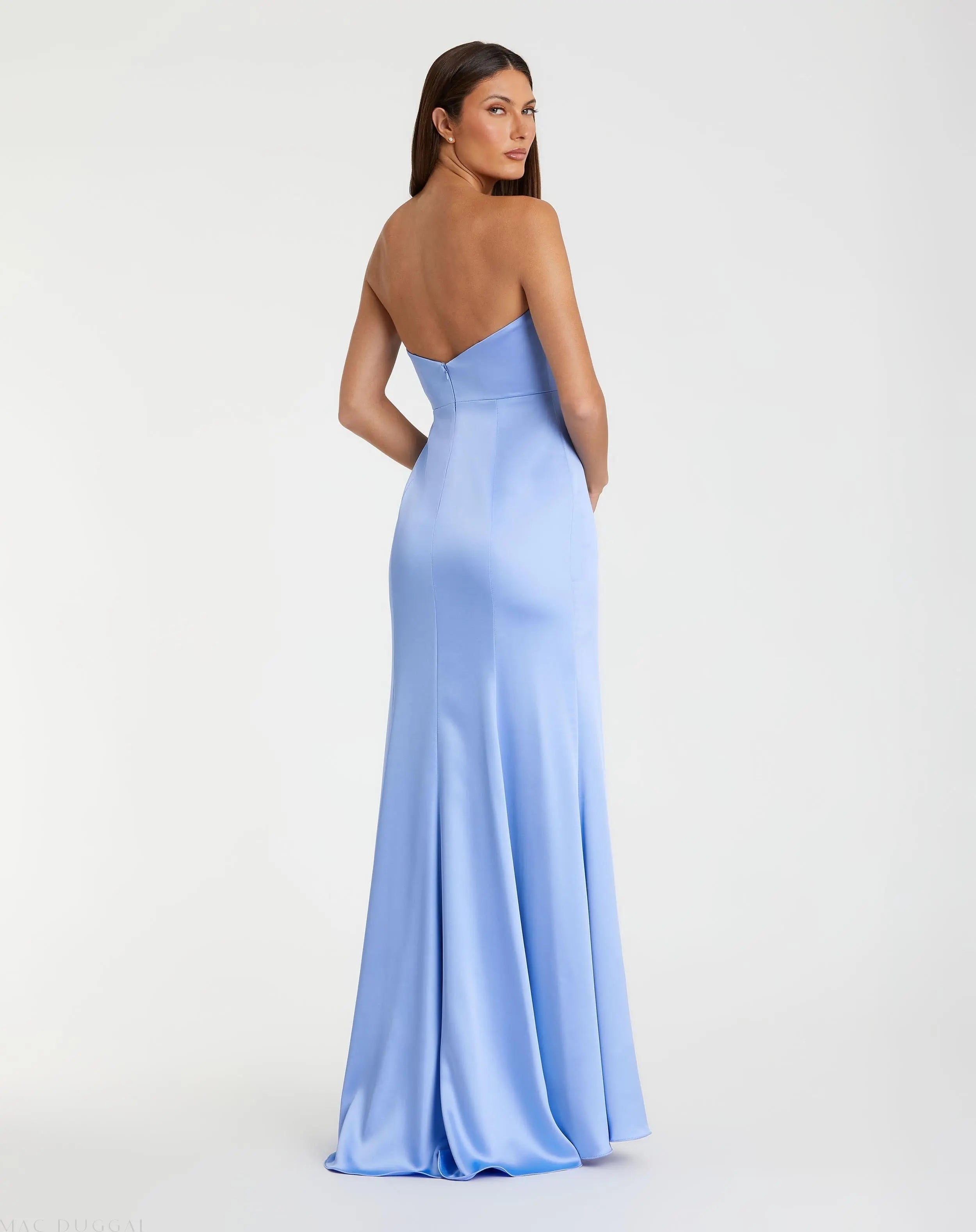 Blue Strapless Satin Column Gown With 3D Flower