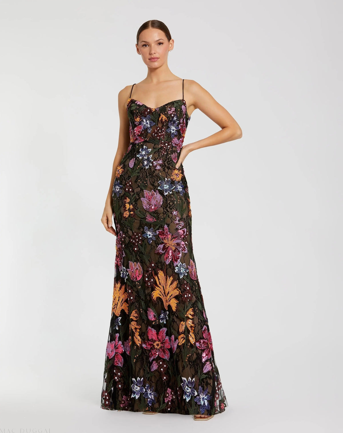 Black Multicolor Floral Embroidered Trumpet Gown