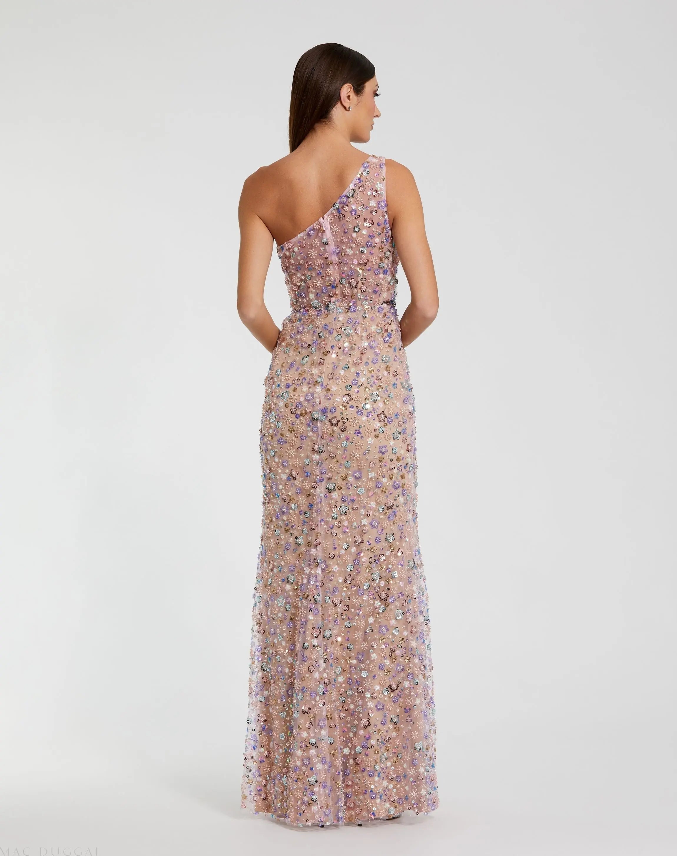 Pink Floral Embellished One Shoulder Column Gown