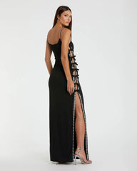 Black Thin Strap Jersey Gown With Bow Details