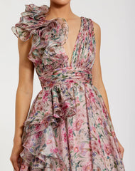 Pink Sleeveless V-Neck Floral Chiffon Ruffle Ball Gown