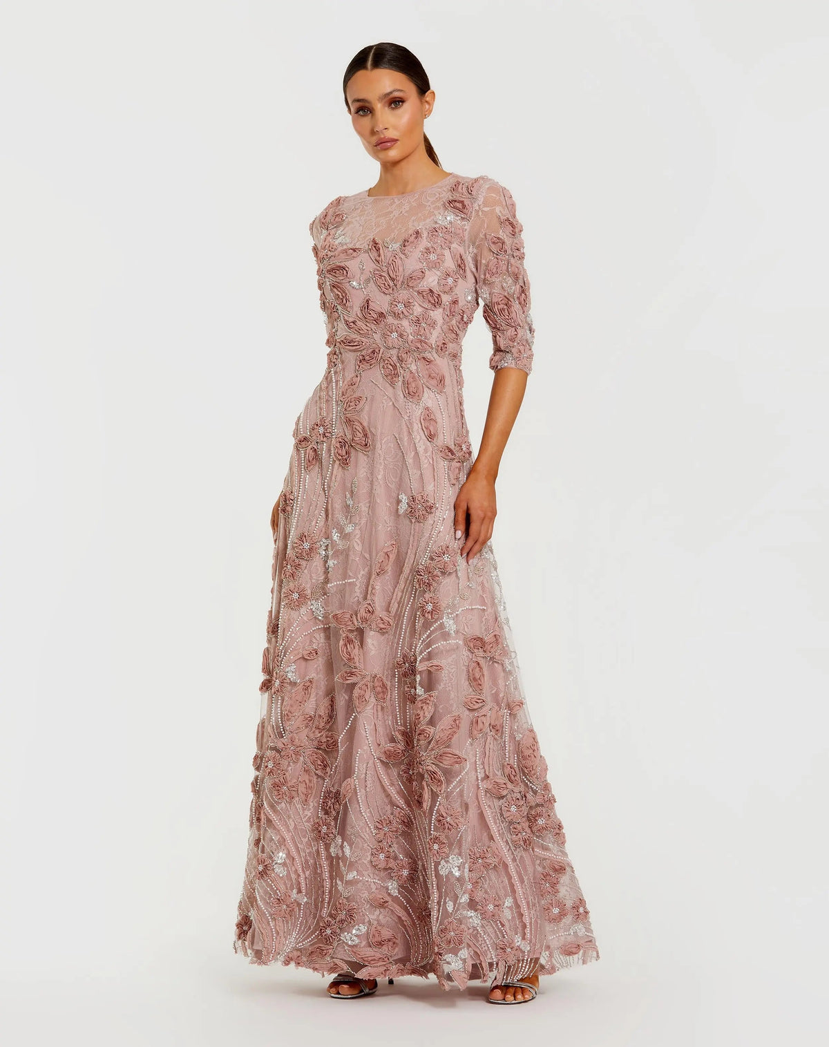Pink High Neck Embellished Lace Gown with 3/4 Sleeves