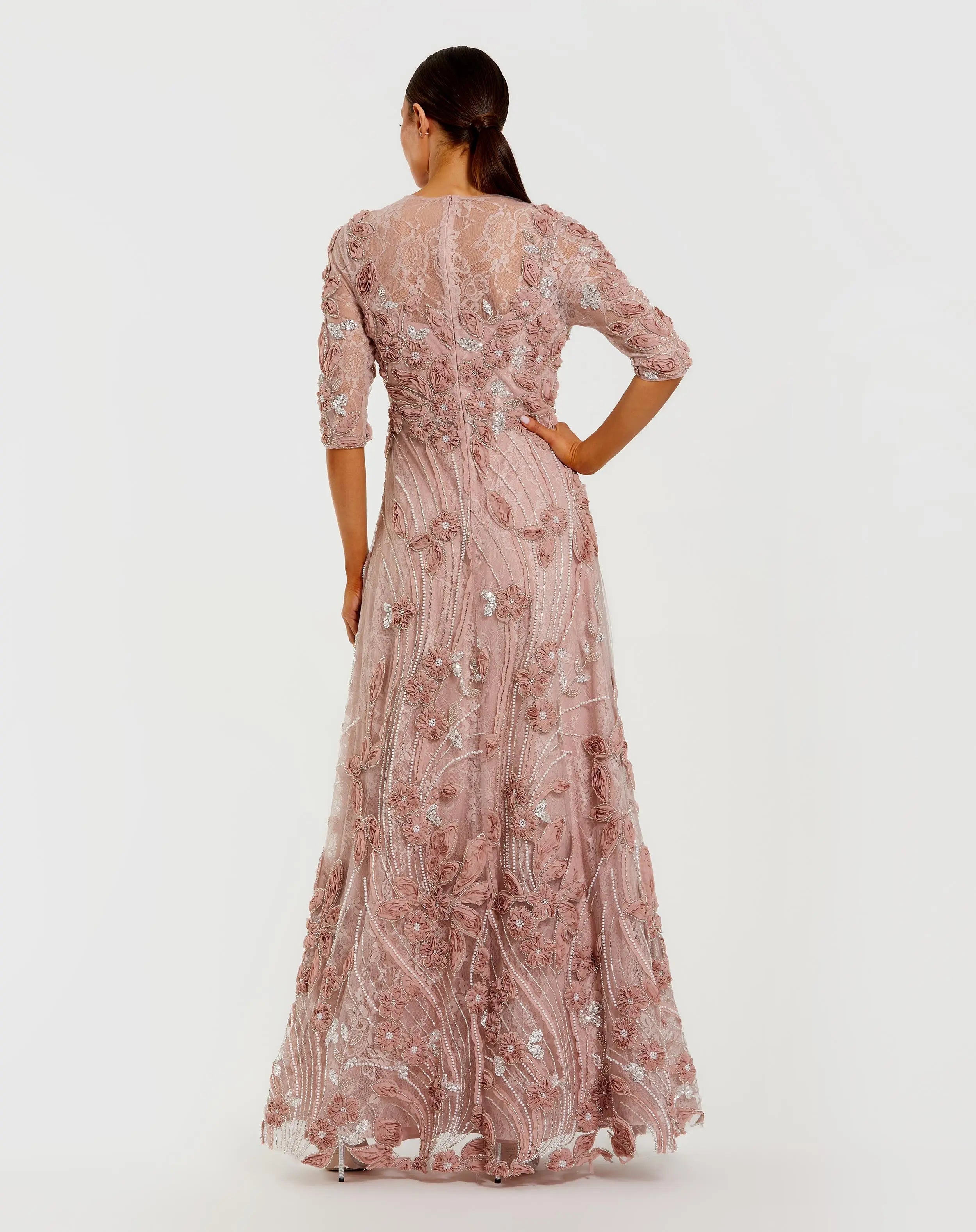 Pink High Neck Embellished Lace Gown with 3/4 Sleeves