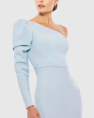 Blue One Shoulder Puff Sleeve Gown