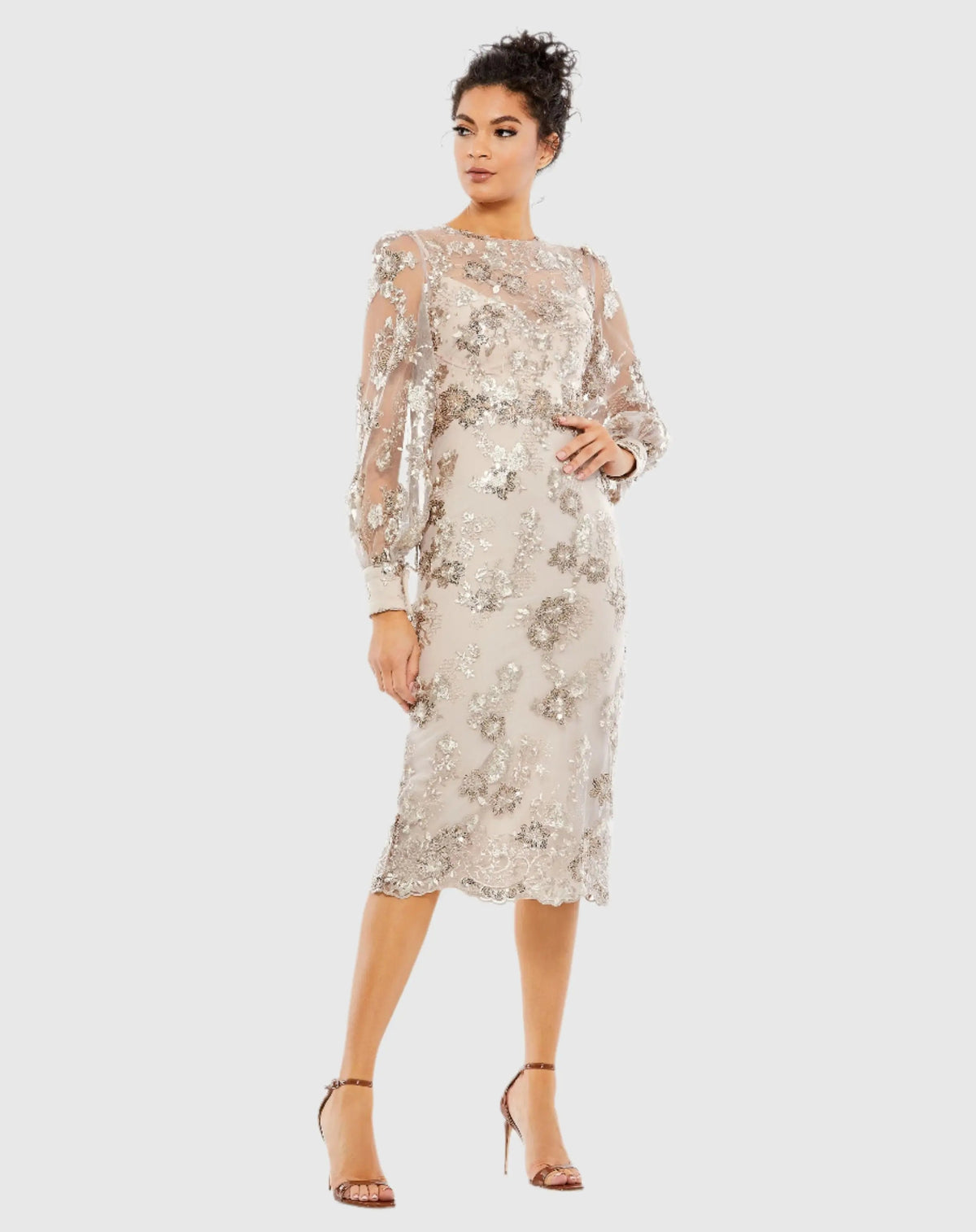 Beige Embellished High Neck Illusion Long Sleeve Midi Dress