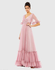 Pink Butterfly Ruffle Trimmed Sleeve Wrap Over Flowy Gown