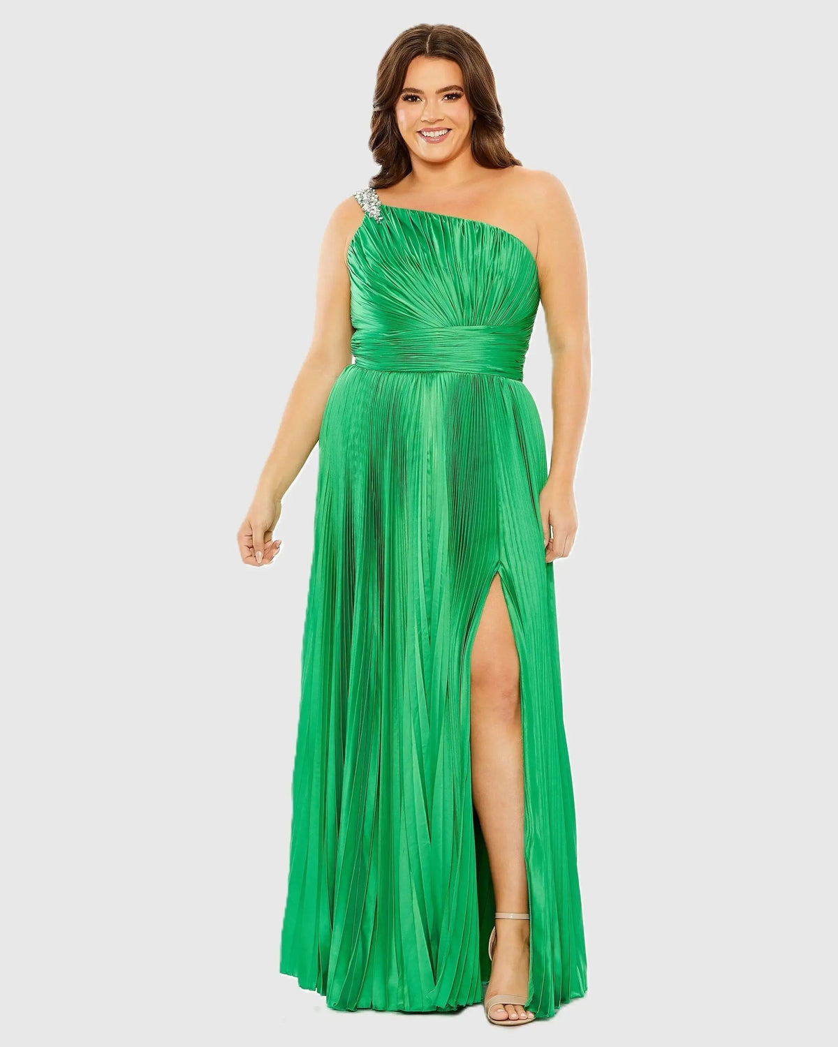 Green One Shoulder Embellished Pleated Sleeveless Gown