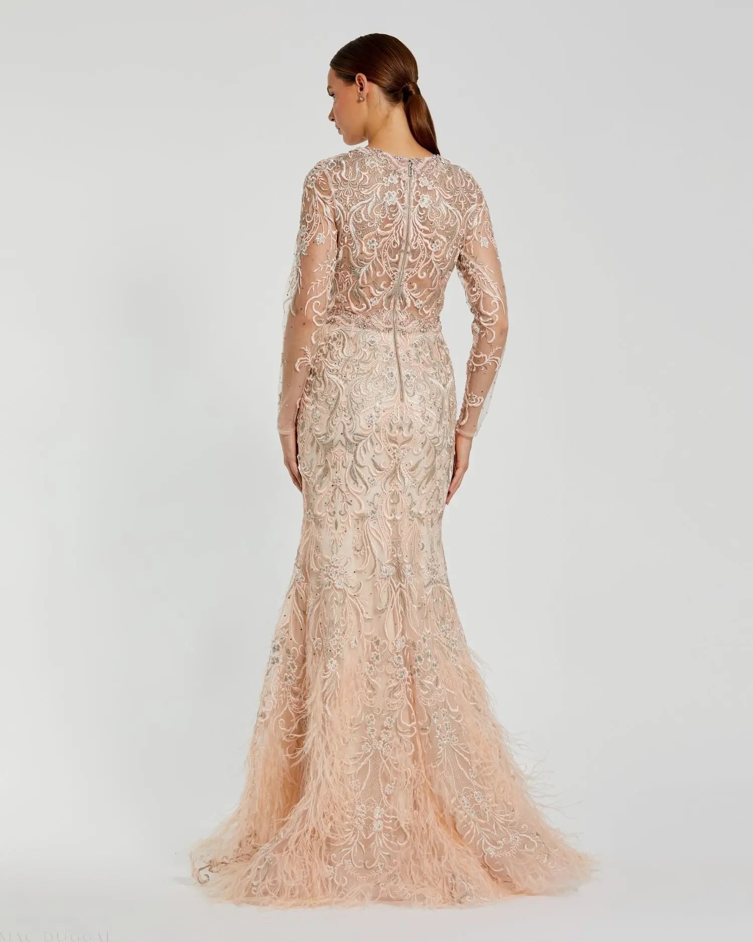 Pink Embroidered Illusion Long Sleeve Trumpet Gown