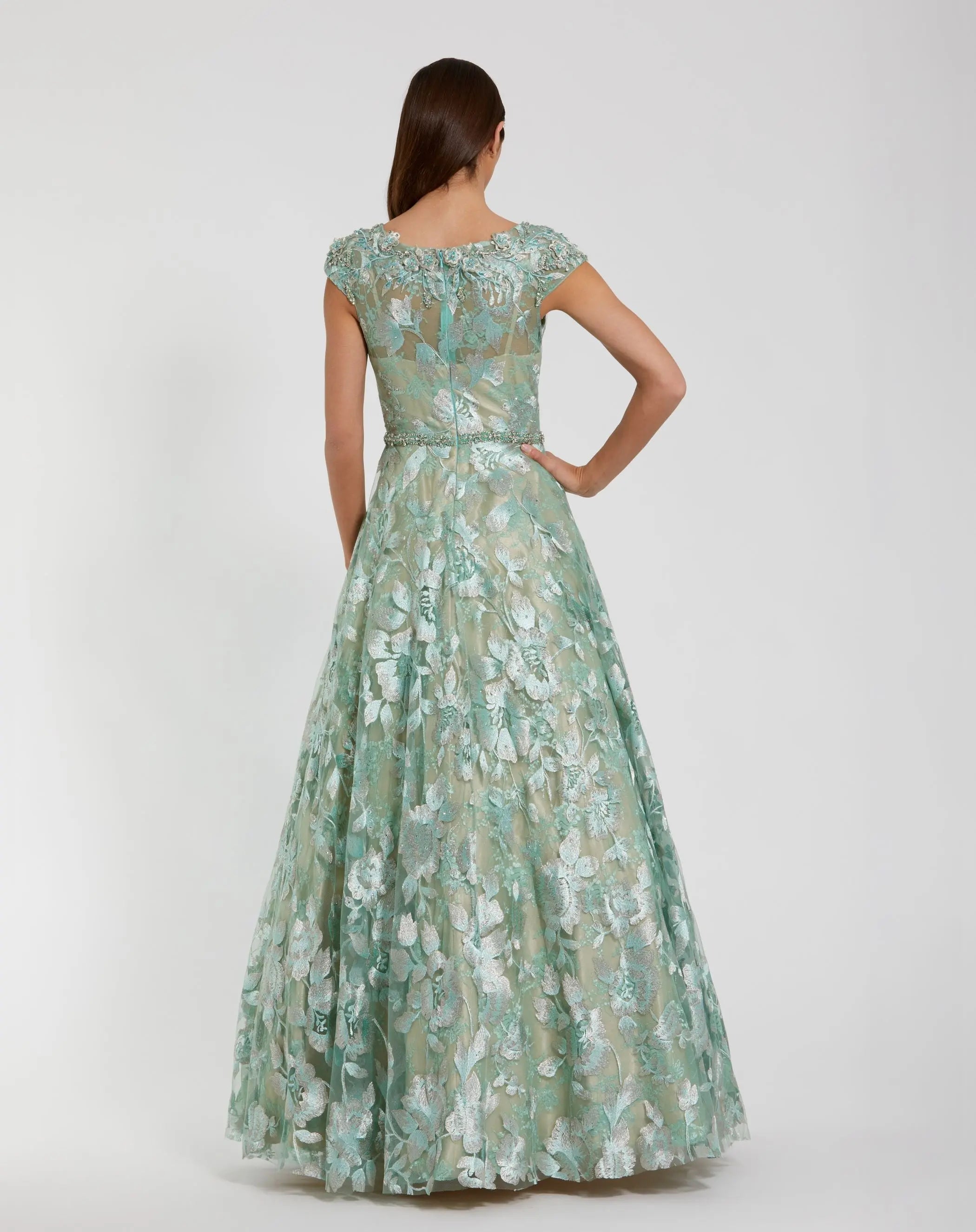 Green Embellished Cap Sleeve High Neck A-Line Ballgown