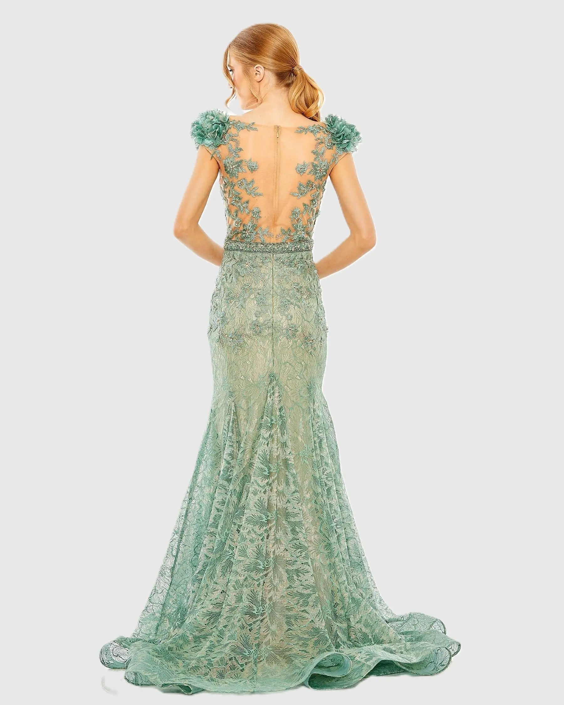 Green Embroidered Illusion Appliqued Bodice Trumpet Gown