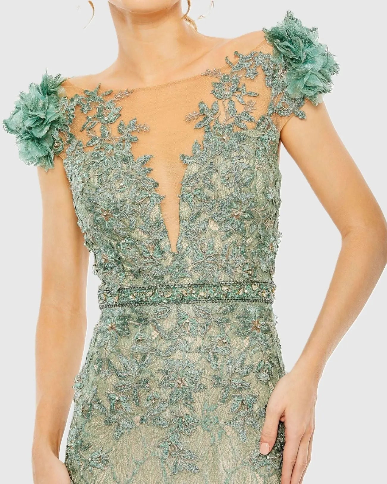 Green Embroidered Illusion Appliqued Bodice Trumpet Gown