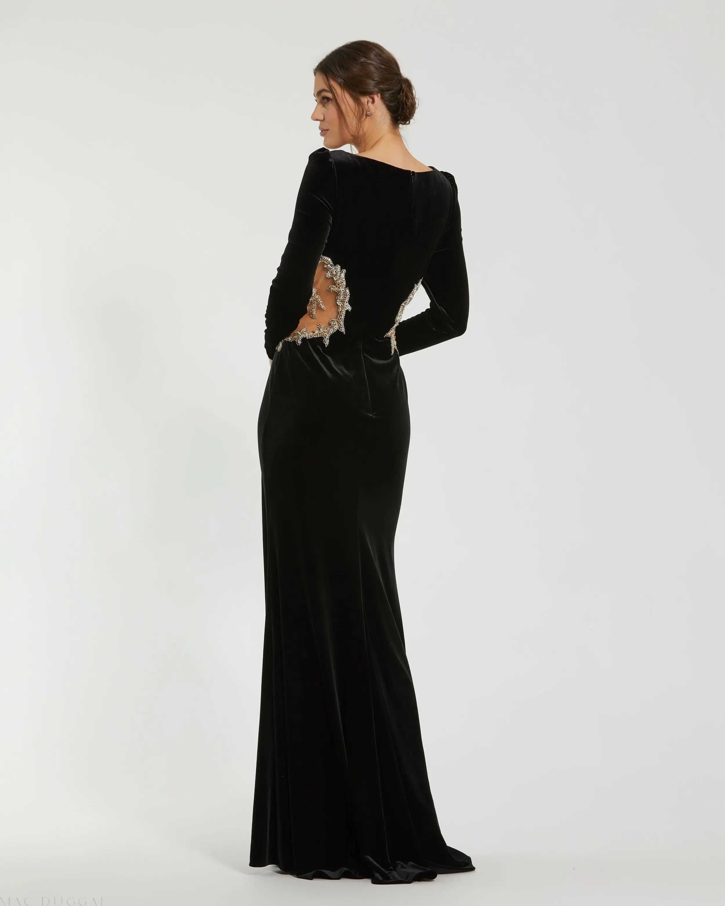 Black Long Sleeve Sheer Embellished Velvet Gown
