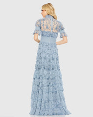 Blue Floral Embroidered Smock Neck Tiered Ruffle Dress
