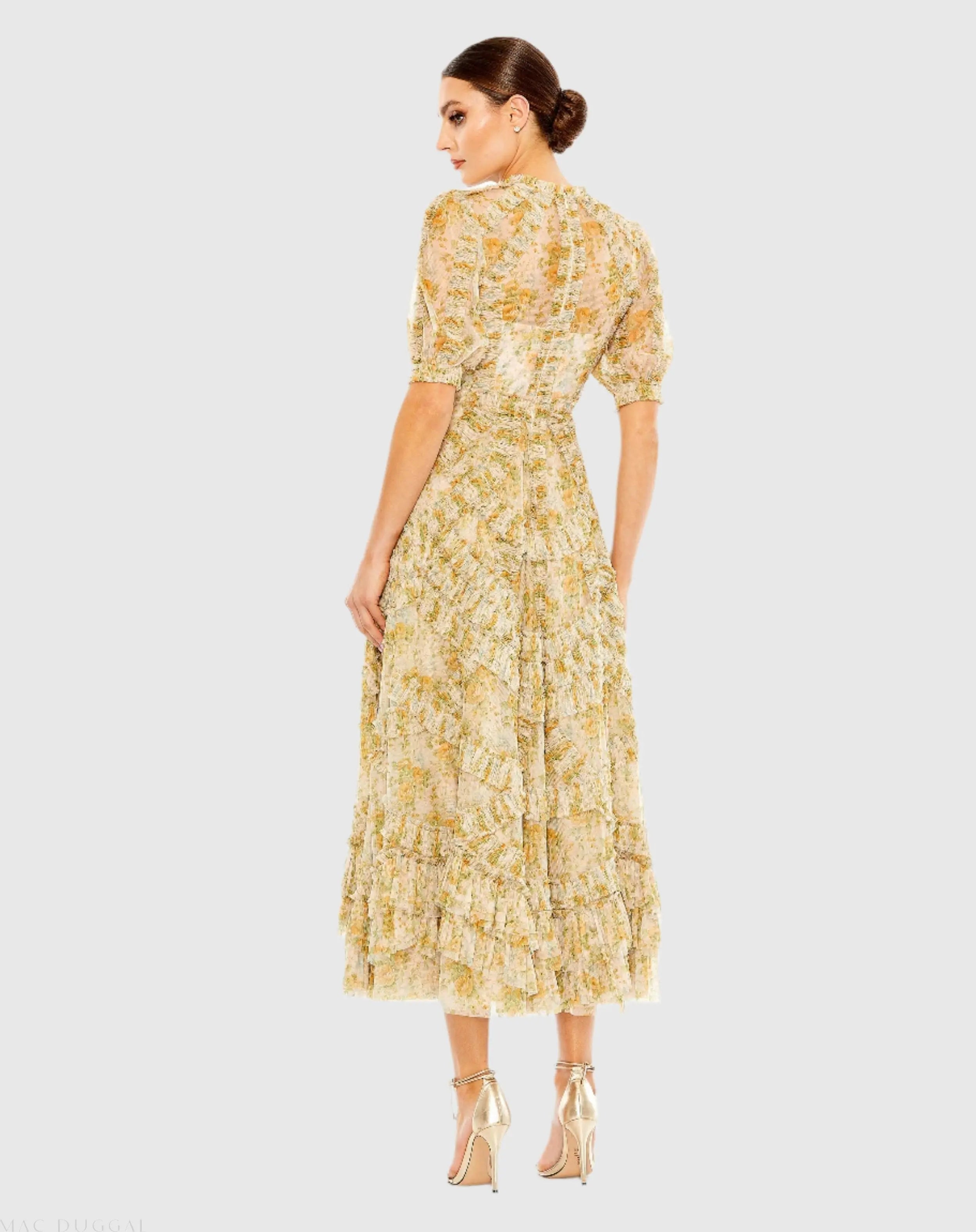 Beige Multicolor Mesh Puff Sleeve Floral Print Dress