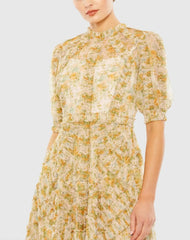 Beige Multicolor Mesh Puff Sleeve Floral Print Dress