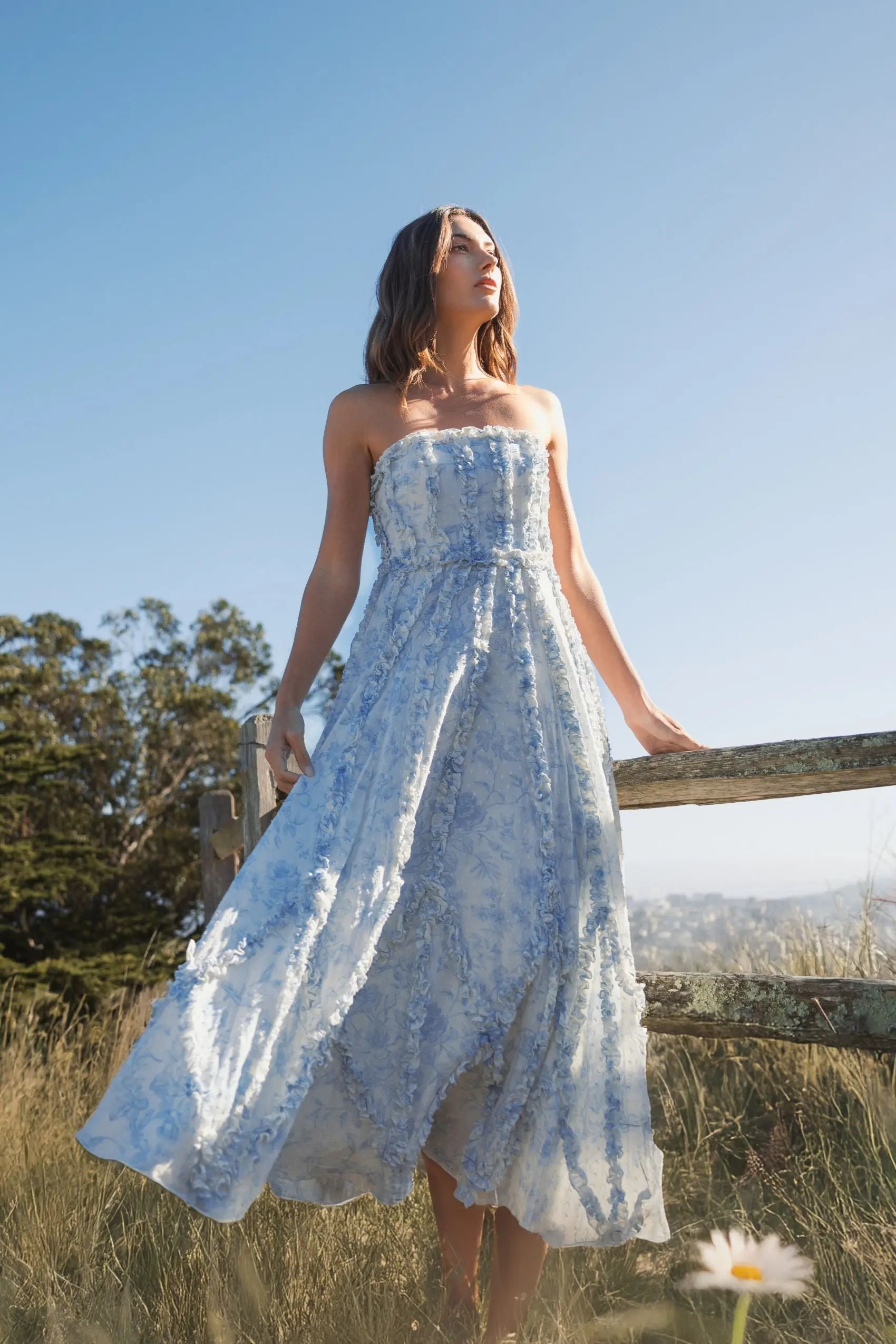 Blue and White Strapless Ruffle Floral Cotton Midi Dress