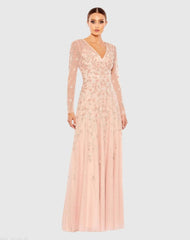 Embellished Wrap Over Illusion Long Sleeve A Line Gown