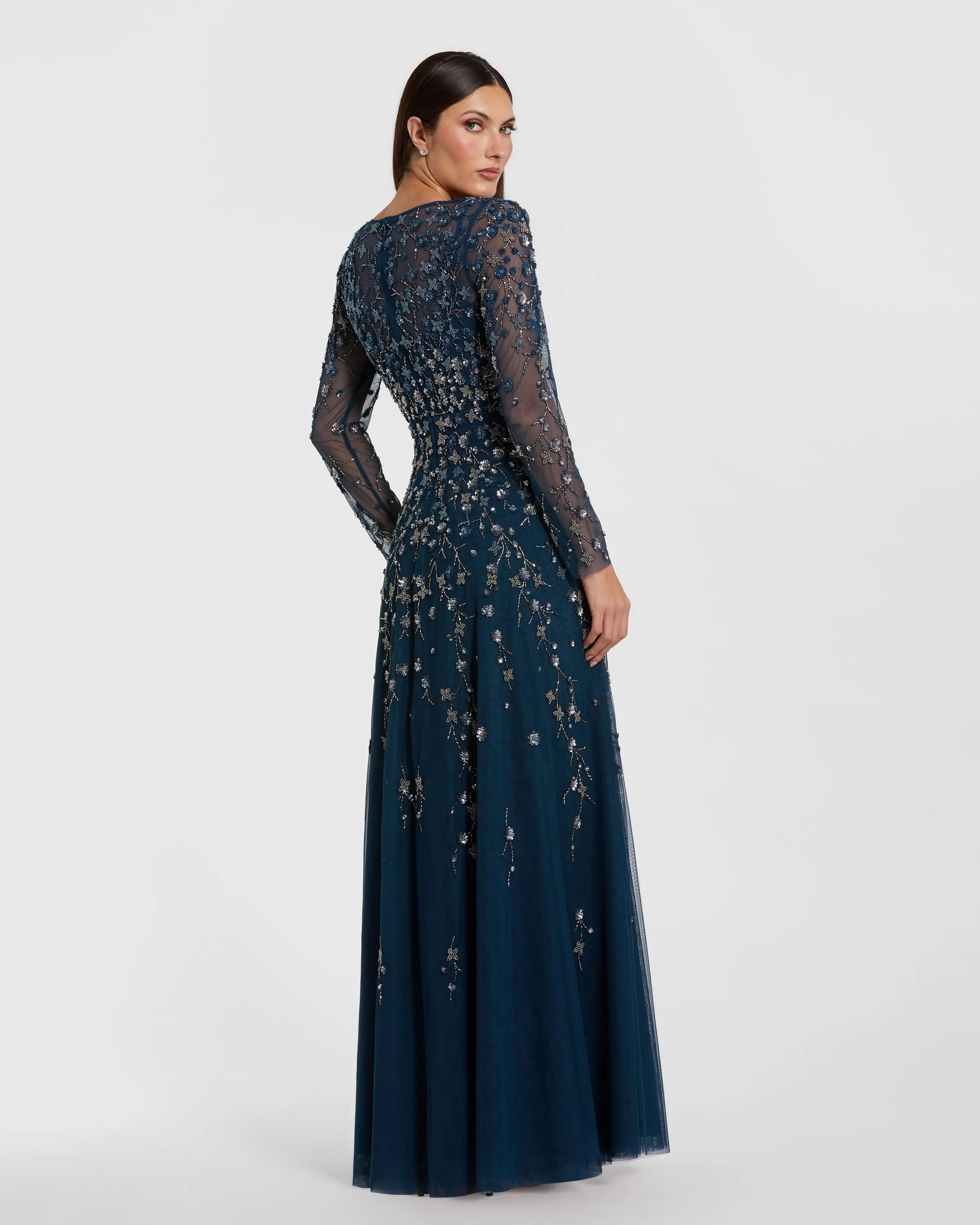 Navy Embellished Wrap Over Illusion Long Sleeve A Line Gown