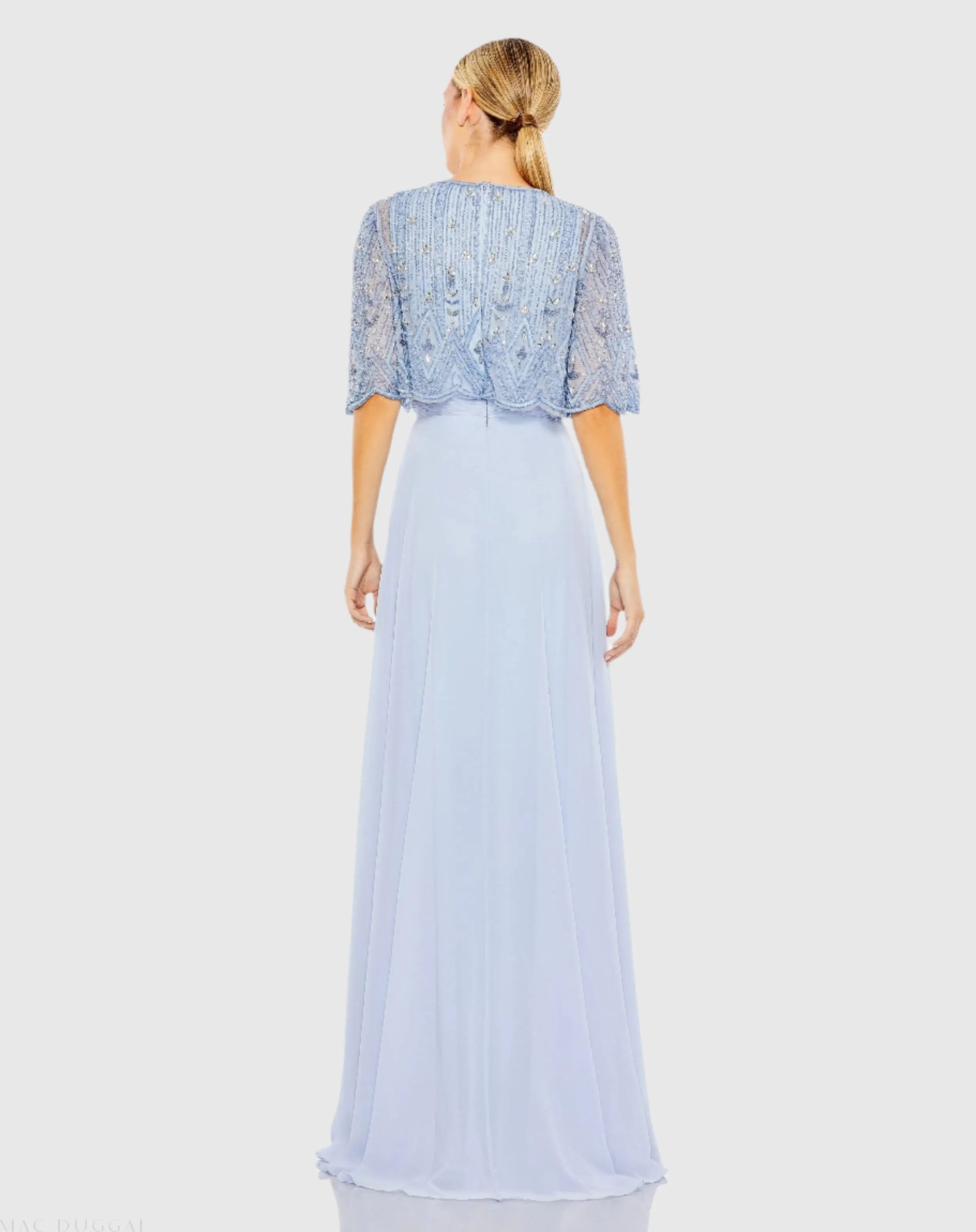 Blue Beaded Overlay A-Line Gown