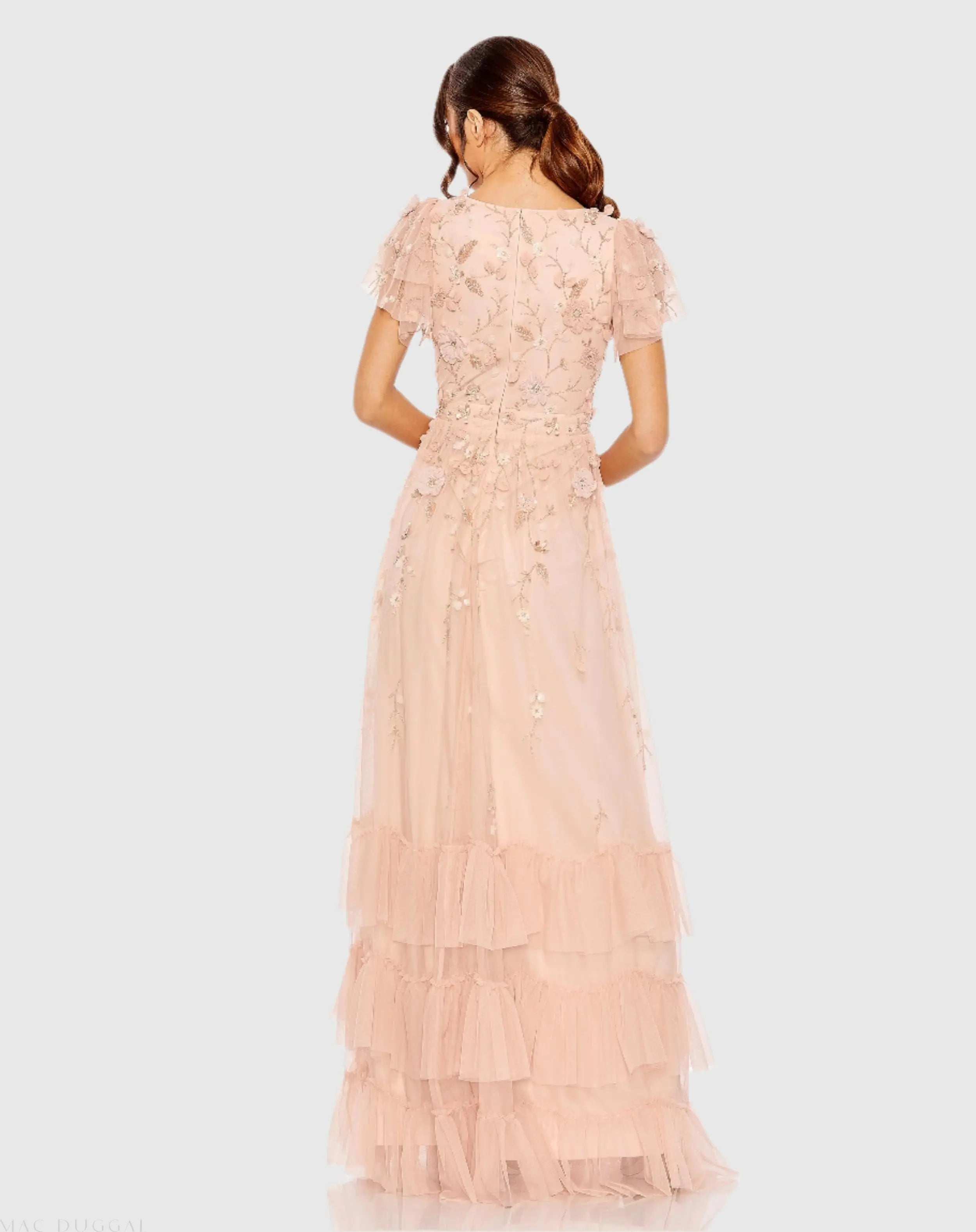 Pink Ruffle Tiered Embellished Faux Wrap Flutter Sleeve Gown