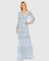 Blue Sequined Tiered Wrap Over Puff Sleeve Gown
