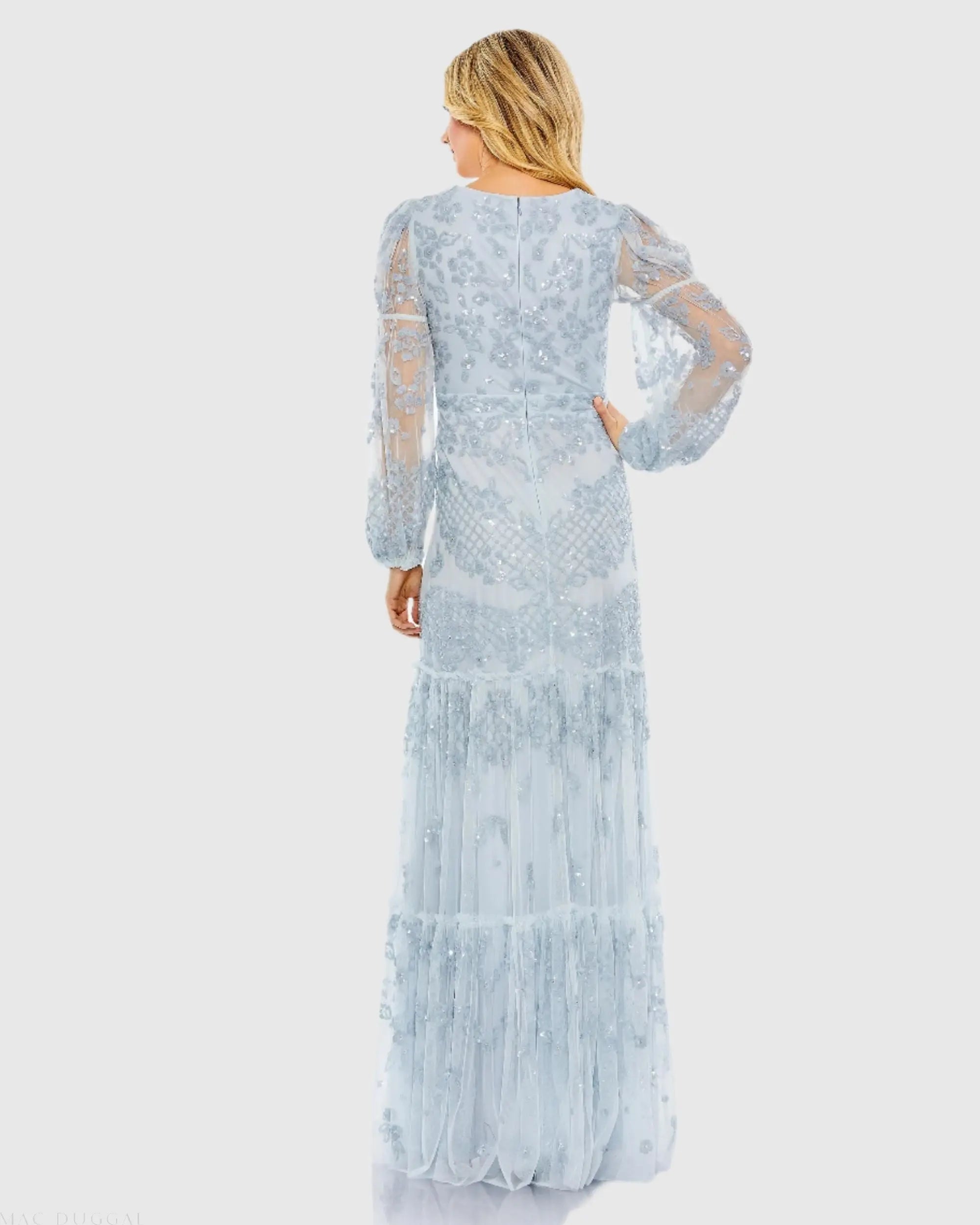 Blue Sequined Tiered Wrap Over Puff Sleeve Gown