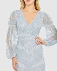 Blue Sequined Tiered Wrap Over Puff Sleeve Gown