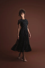 Black Embellished High Neck Flutter Sleeve A Line Dress