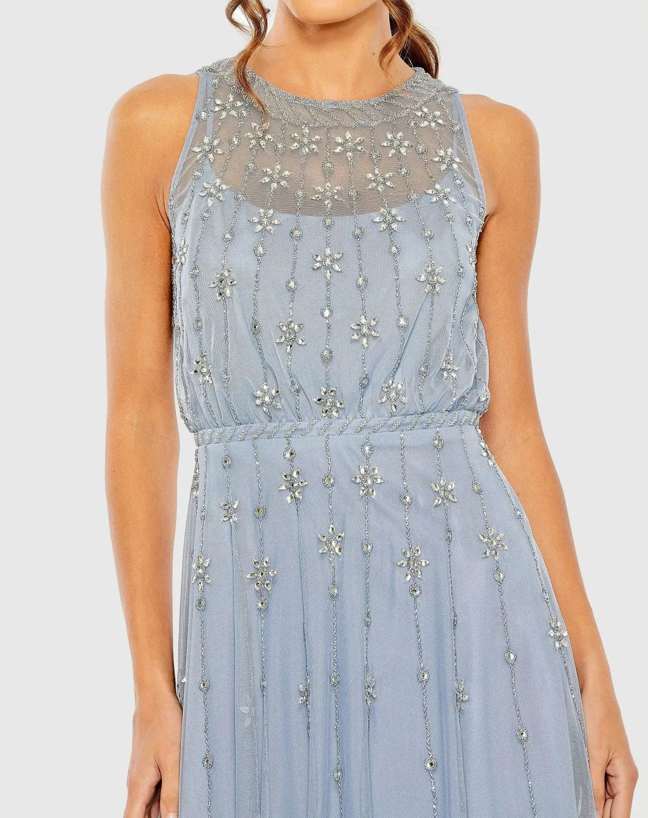 Blue High Neck Sleeveless Embellished A Line Cocktail Dress