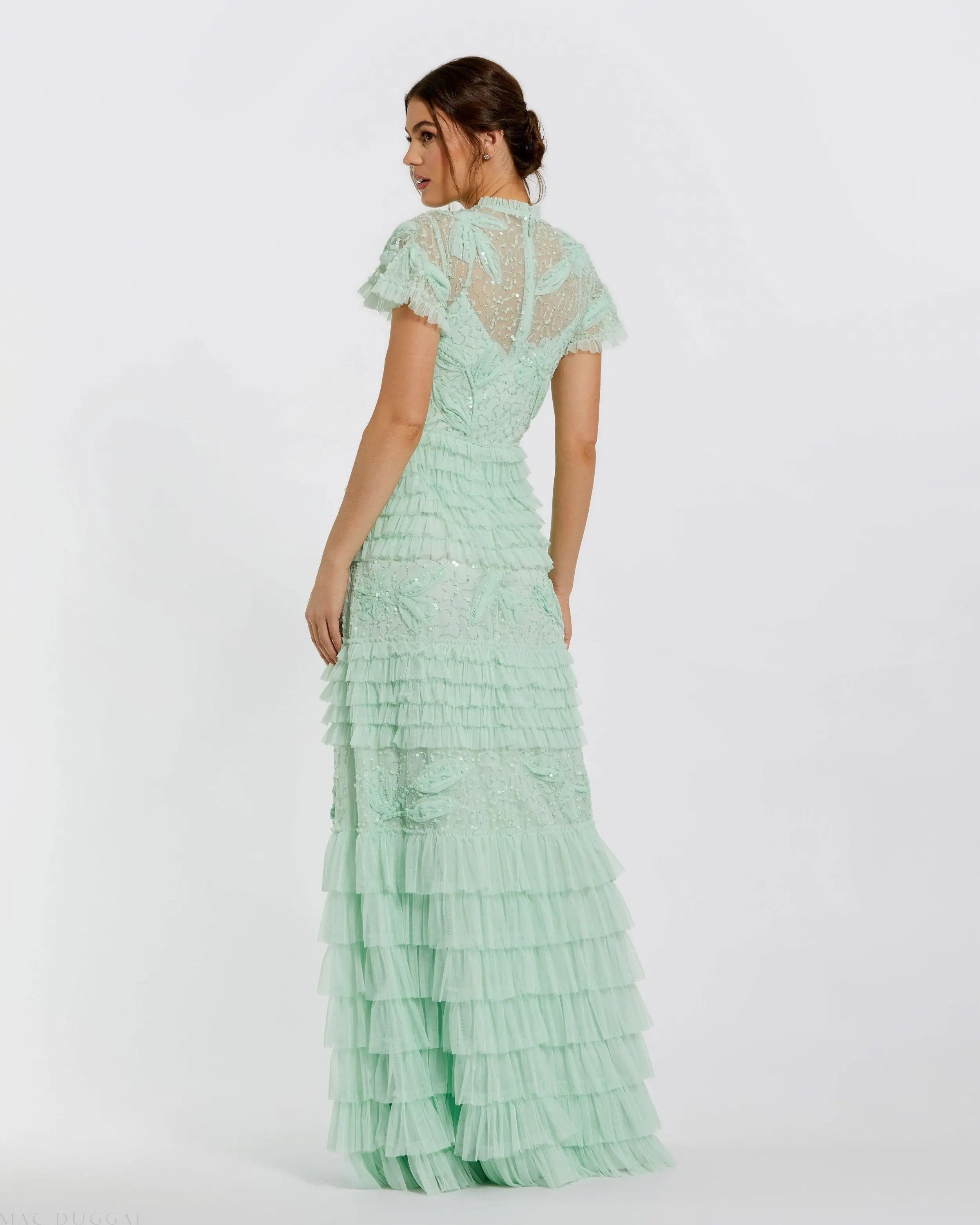 Green Beaded Mesh High Neck Micro Ruffle Gown
