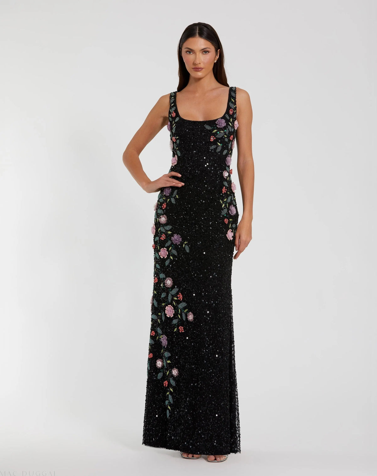 Black Floral Beaded Mesh Scoop Neck Sleeveless Gown