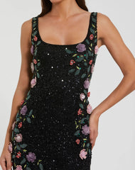 Black Floral Beaded Mesh Scoop Neck Sleeveless Gown
