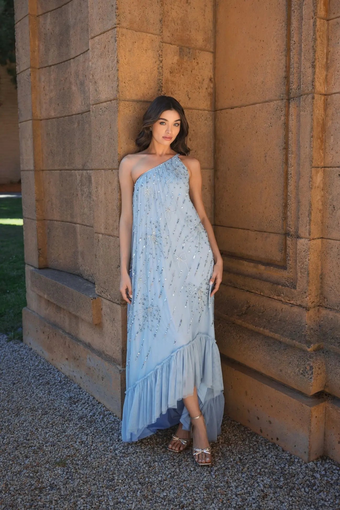 Blue One Shoulder Bow Embellished High Low Gown