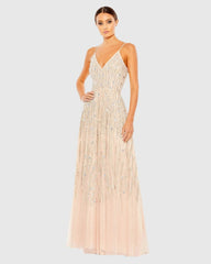 Embellished V Neck Sleeveless A Line Gown