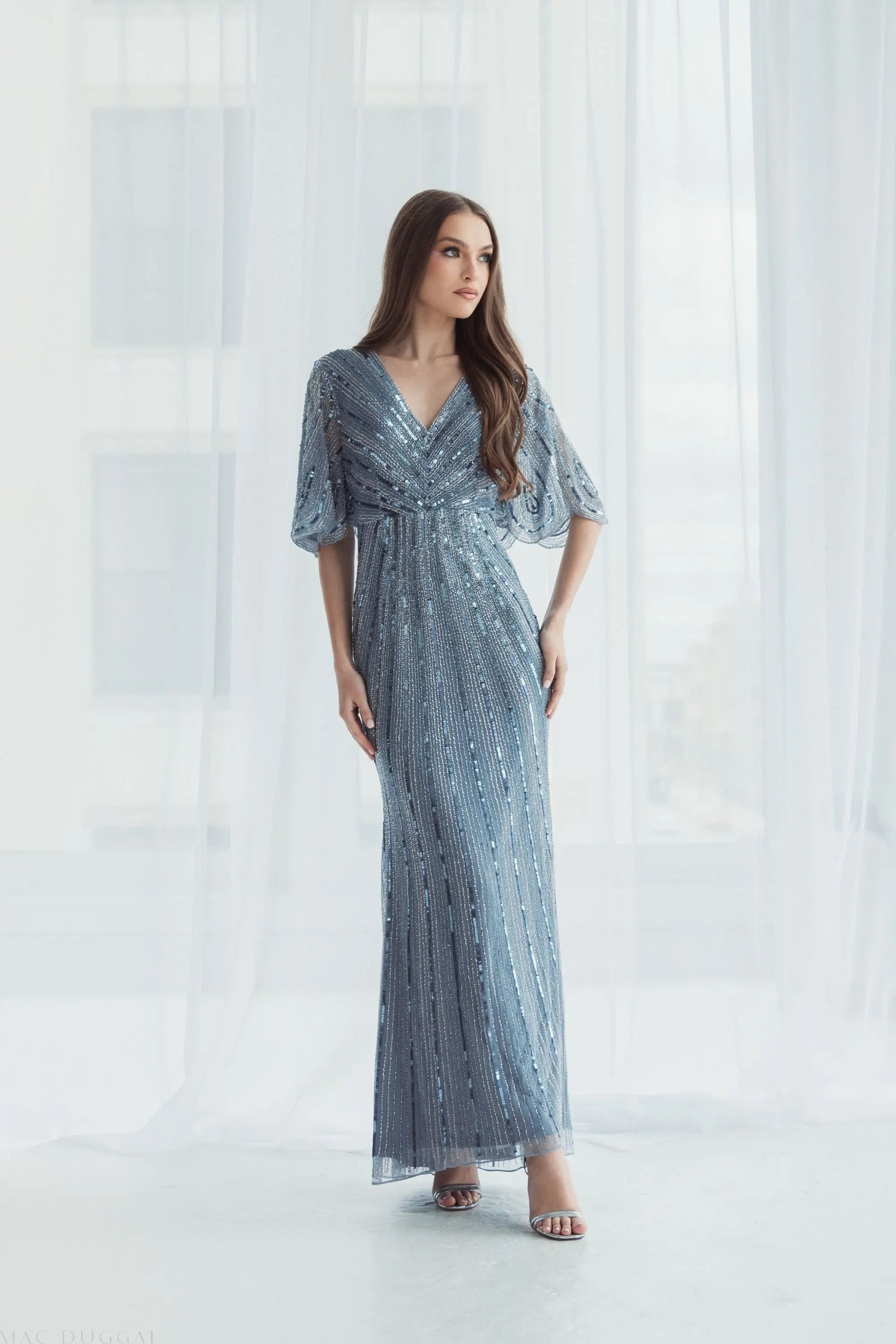 Blue Sequined V Neck Cape Sleeve Gown - FINAL SALE