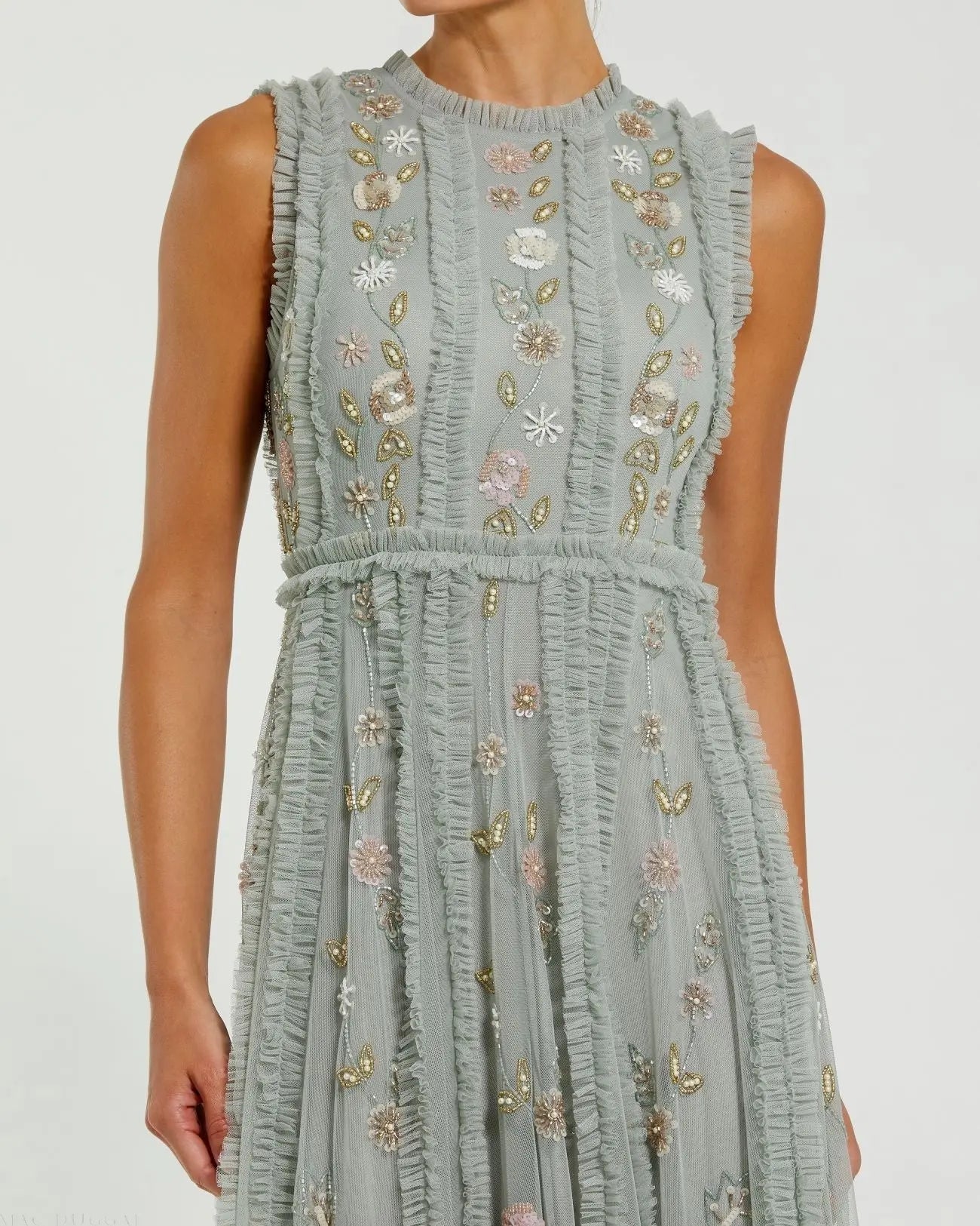 Green Floral Mesh Sleeveless A Line Micro Ruffle Gown