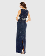 Blue Sequined High Neck Sleeveless Column Gown