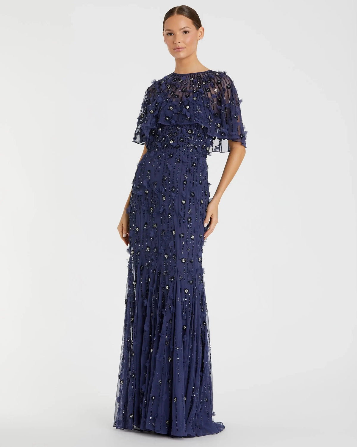 Navy Embellished Illusion Cape Sleeve Trumpet Gown