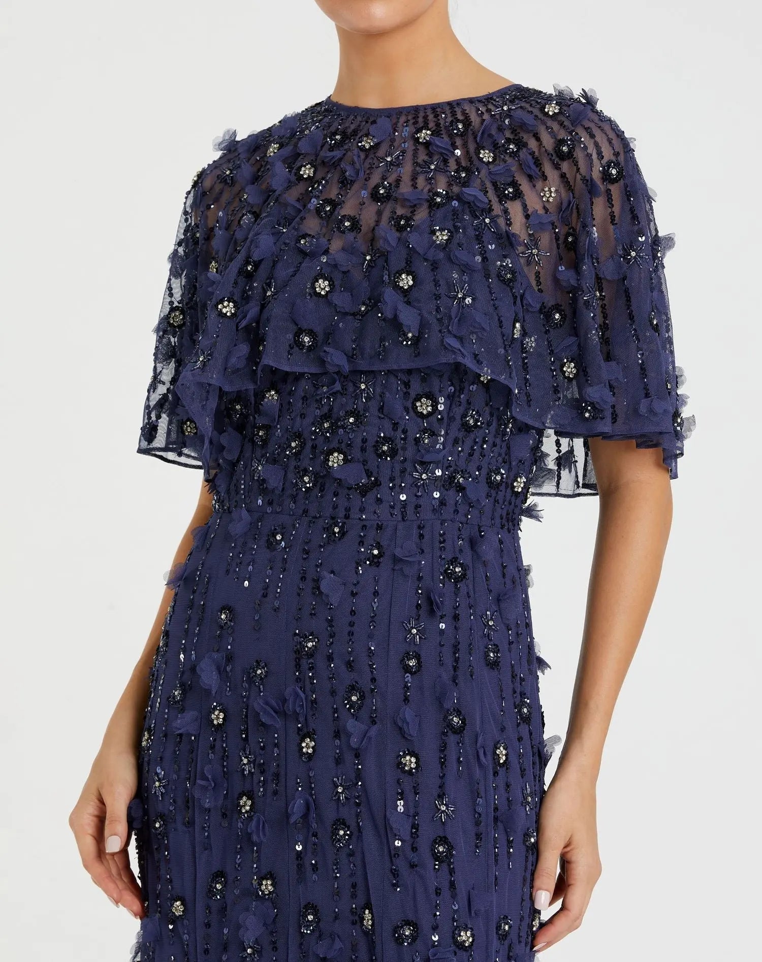 Navy Embellished Illusion Cape Sleeve Trumpet Gown
