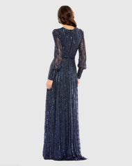 Navy Beaded Lace Long Sleeve Wrap Over Gown