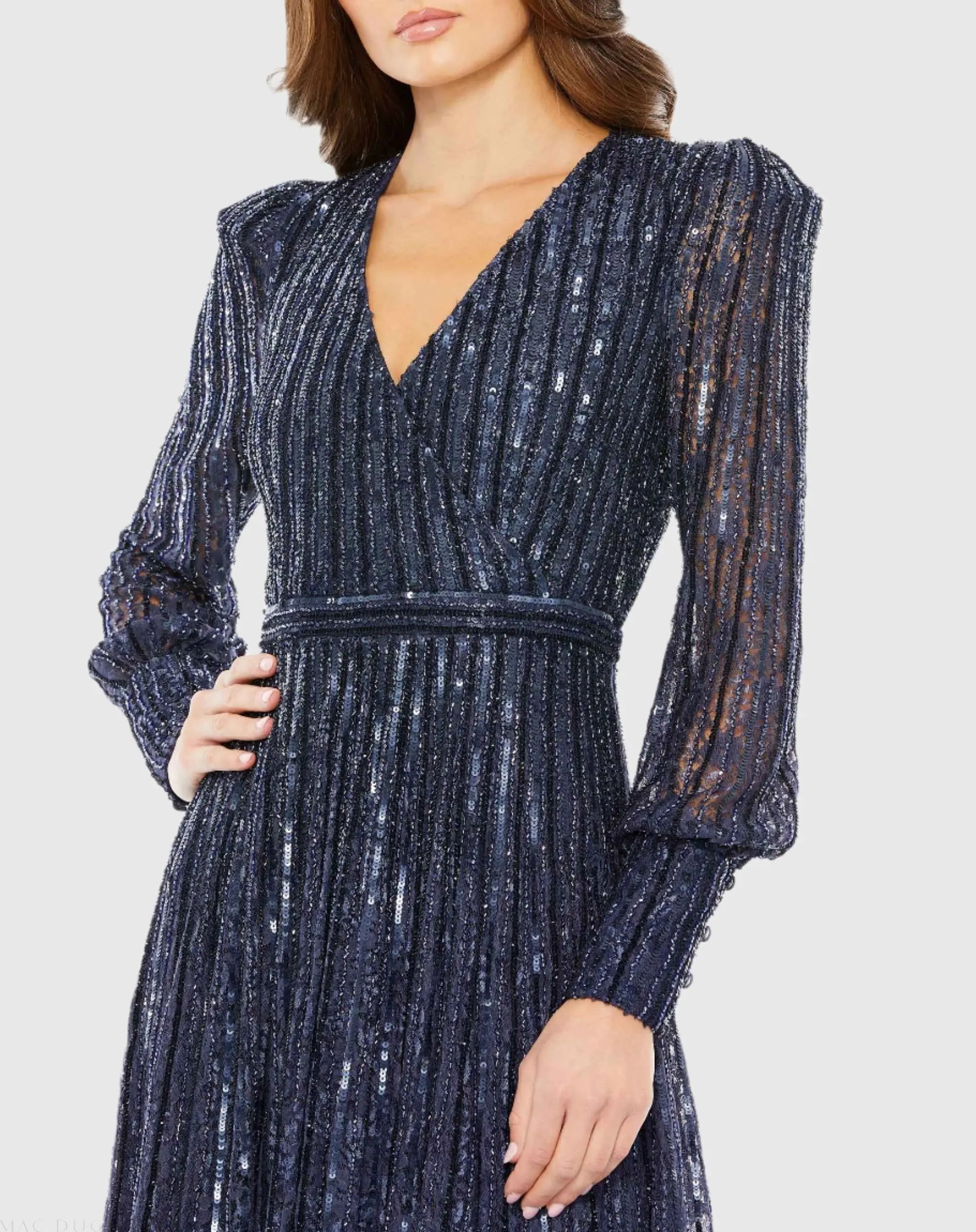 Navy Beaded Lace Long Sleeve Wrap Over Gown