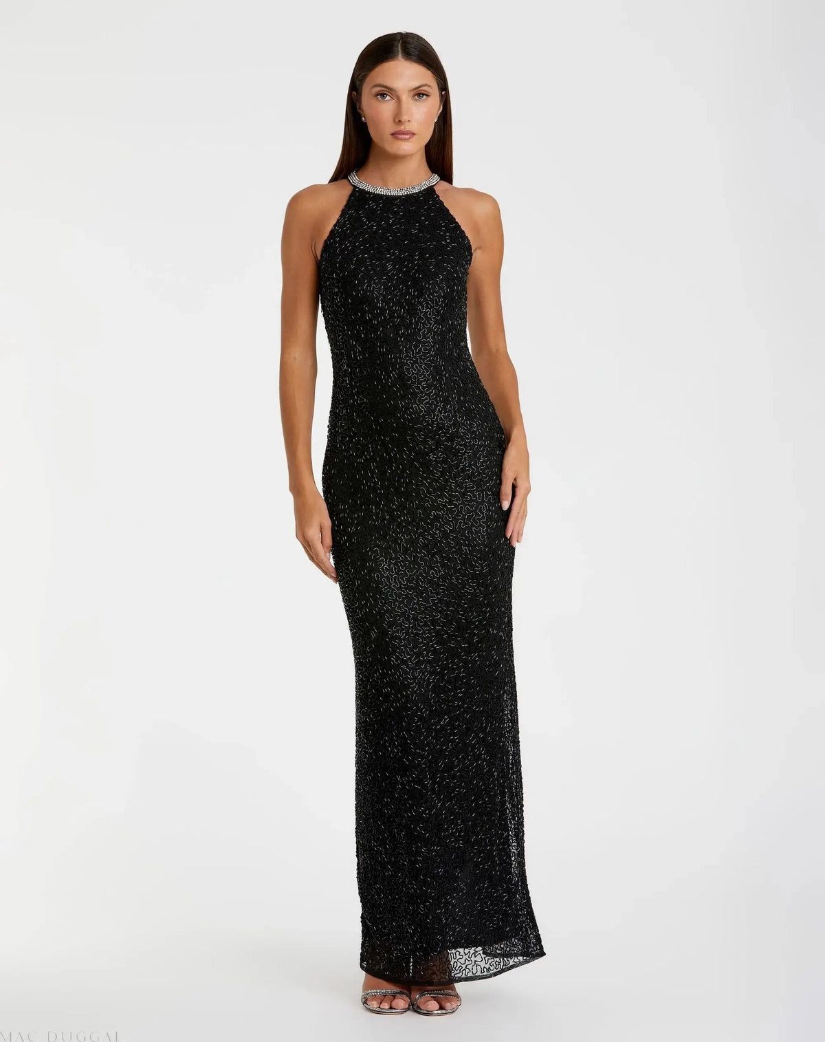 Beaded Sleeveless High Neck Column Gown