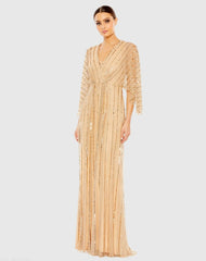 Beige Beaded Striping Kimono Sleeve V Neck Gown